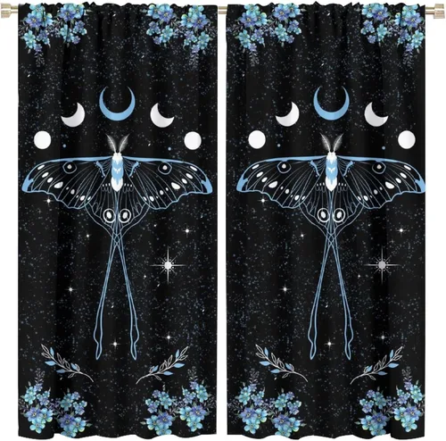 Vista 17 de Cortinas de mariposa de fantasía, polilla, sol, luna, estrella, arte floral, estampado floral, bolsillo para barra, cortinas opacas para ventana