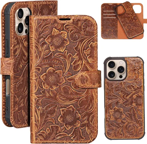 Vista 32 de Funda de cuero compatible con iPhone 16 Pro Max Cartera 6.9", cuero genuino 2 en 1, magnética, desmontable, a prueba de golpes, funda tipo folio