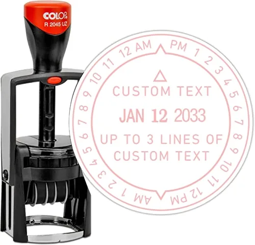 Vista 17 de MaxMark - Sello profesional de 12 horas y fecha autoentintado de alta resistencia con tinta negra de mensaje de texto personalizado