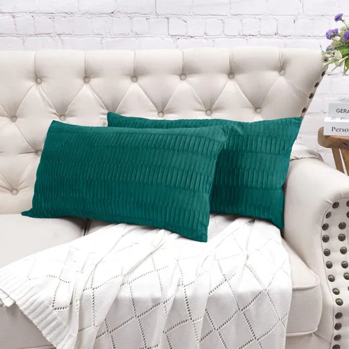 Vista 30 de Juego de 2 fundas de almohada decorativas de terciopelo a rayas plisadas de 14 x 26 pulgadas, funda de cojín rectangular suave y elegante para sofá