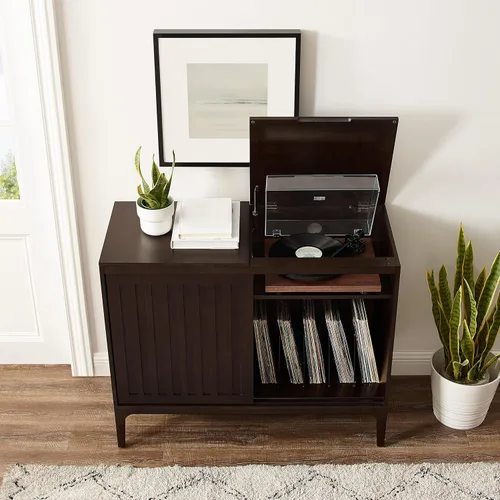 Vista 14 de Crosley Furniture Asher Media Console y soporte para tocadiscos con almacenamiento para discos de vinilo, color marrón oscuro