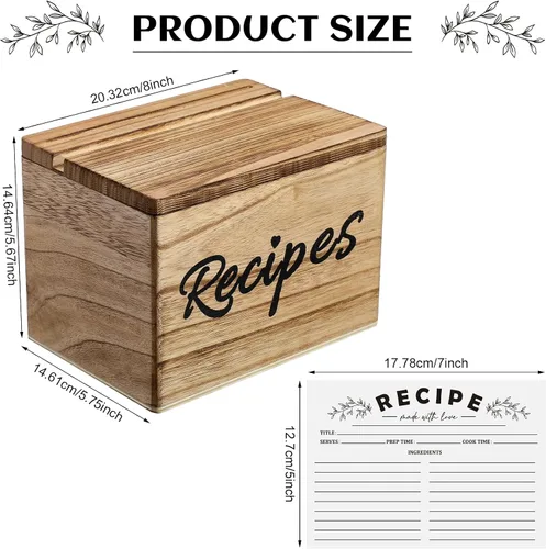 Vista 2 de Hoteam Caja de Recetas de Madera con Tarjetas, Soporte para Tarjetas de Recetas de Madera Rústica con 50 Piezas, Juego de Tarjetas de 5 x 7, Caja