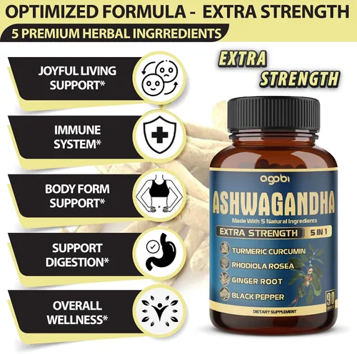 Vista 3 de Cápsula de extracto de Ashwagandha – Gran fuerza – Mezcla de jengibre 5 en 1, cúrcuma, Rhodiola Rosea y pimienta negra – 90 cápsulas durante 3 meses