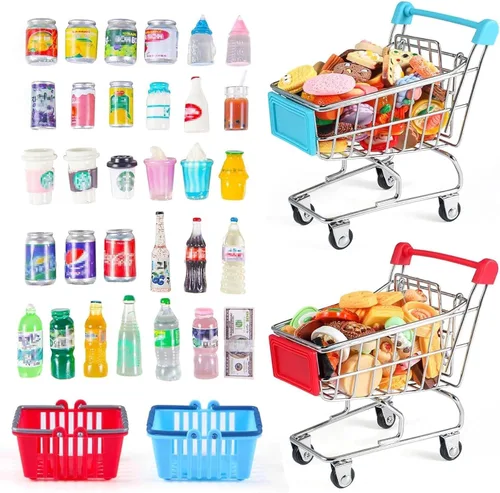 Vista 9 de 50 piezas de botellas en miniatura de comida y bebida, latas de refresco, accesorios de juego de cocina de simulación, juguetes de Hamburgo, pastel