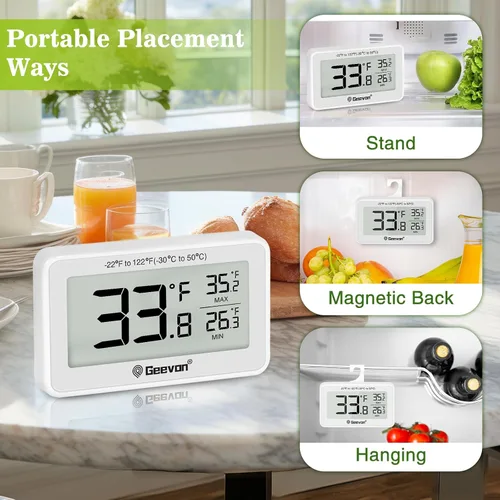 Vista 8 de Geevon Refrigerator Thermometer Digital Fridge Thermometer IP65 Waterproof with Large LCD Display,Max/Min Record Function,Magnetic Back,for