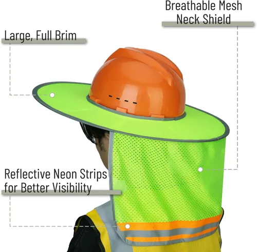 Vista 3 de Casco Industrial UNCO con Protector Solar, Verde, Visera Completa y Estándar de Malla, Alta Visibilidad Reflectante, Accesorio para Casco Duro