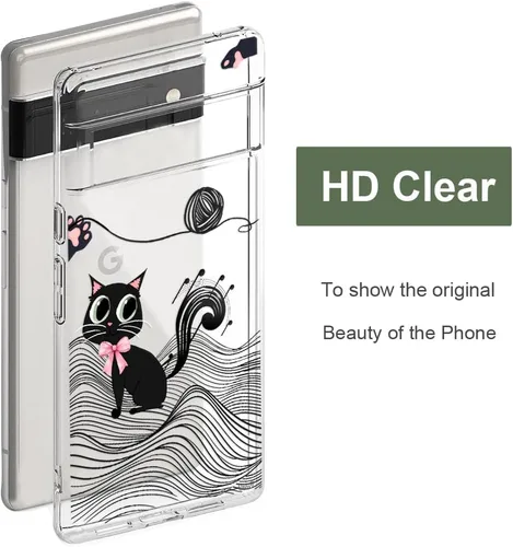 Vista 6 de Unov Funda para Pixel 6 Pro, funda transparente con diseño en relieve, gato Gato negro