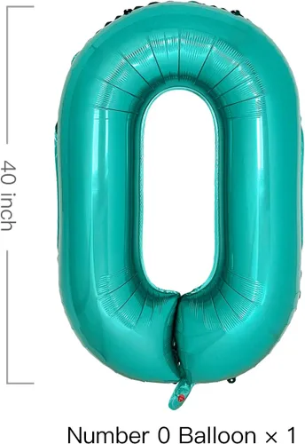 Vista 2 de Globos de color verde azulado con el número 0 de 40 pulgadas, globos grandes de papel de aluminio azul turquesa para mujer, decoraciones