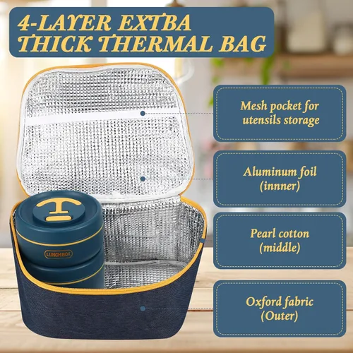 Vista 7 de Dandat Juego de 3 recipientes de almuerzo aislados portátiles para adultos y niños, caja Bento apilable de acero inoxidable para comida caliente