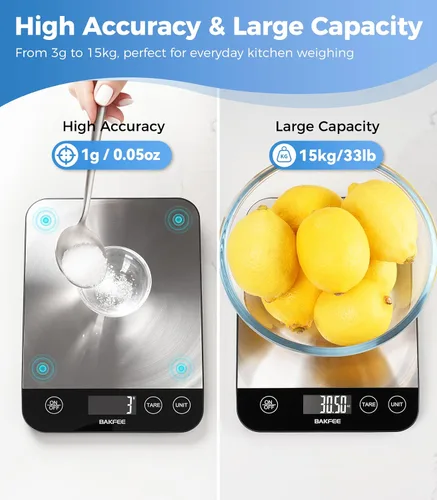 Vista 9 de Báscula de alimentos, báscula de cocina recargable de 33 libras con acero inoxidable, gramos y onzas, carga USB, 0.04 oz de alta precisión
