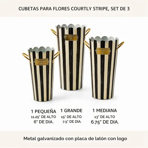 Vista 4 de MACKENZIE-CHILDS Juego de cubos de flores galvanizados, cubos de jardín con asas, jarrones al aire libre para decoración de patio, juego de 3, rayas