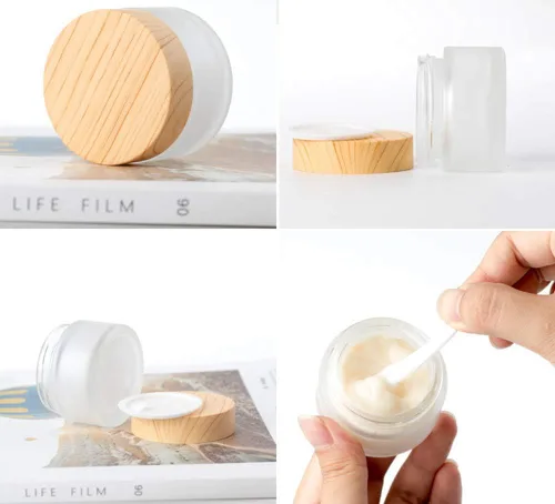 Vista 4 de Juego de 10 botes de 0.18 oz y 0.2 fl oz de vidrio esmerilado, con tapa de plástico con textura de madera, rellenables