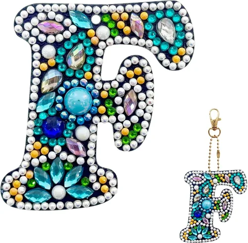 Vista 9 de YOYA Llavero de pintura de diamante de doble cara 5D, taladro completo A-Z, 26 letras de la A a la Z, kit de llaveros de arte de diamantes con gemas