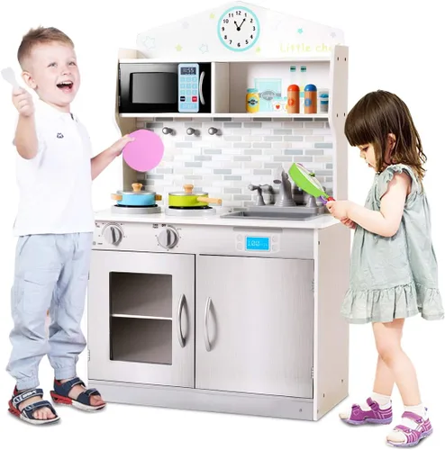 Vista 8 de HONEY JOY Juego de cocina para niños, cocina de simulación para niños pequeños, fregadero y grifo removibles, microondas, utensilios de cocina