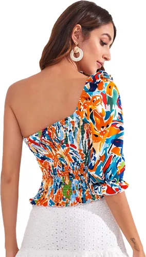 Vista 2 de SheIn Blusa de manga corta con estampado de volantes para mujer
