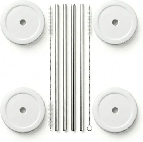 Vista 2 de (4 pajitas de té Boba, 4 tapas de tarro Mason y 2 limpiadores de pajitas) Wide reusable stainless steel boba straws with mason jar lids and