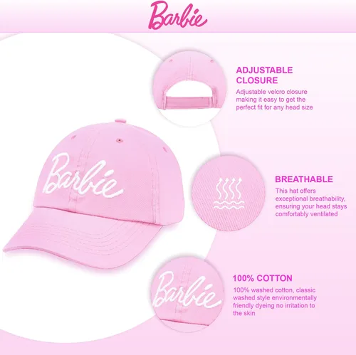 Vista 2 de Barbie Gorra de béisbol para mujer Gorra de algodón suave para mujer con ala curvada Gorra de béisbol ajustable de color rosa intenso