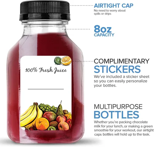 Vista 4 de Botellas de jugo de 8 onzas con tapas, recipientes reutilizables de plástico transparente para bebidas (paquete de 12) - Mini botellas de agua