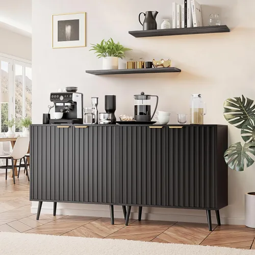 Vista 13 de Vrullu Gabinete de Almacenamiento Moderno, Gabinete de Buffet Independiente, Aparador Negro y Almacenamiento de Buffet, Muebles de Acento de Madera