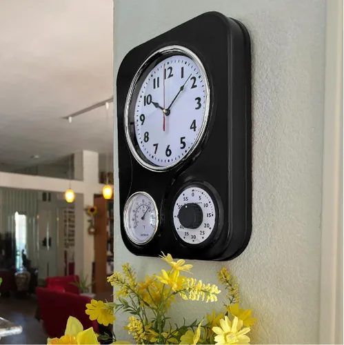 Vista 5 de Lily's Home - 9.5 pulgadas x 12.5 pulgadas - Reloj de pared retro para cocina, reloj de pared vintage con termómetro y temporizador de 60 minutos
