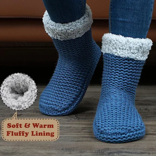 Vista 4 de cosyone1997 Pantuflas de punto grueso para mujer para interiores, con forro polar sherpa, botas suaves sin cordones, cálidas y mullidas