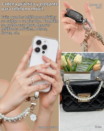 Vista 3 de Correa de muñeca para teléfono con cuentas de perlas, pulsera de teléfono desmontable con lengüeta de sujeción, pulsera universal con cuentas