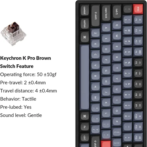 Vista 3 de Keychron K2 Pro Teclado mecánico RGB inalámbrico y con cable con interruptor K Pro marrón intercambiable en caliente macro programable QMKVIA 75