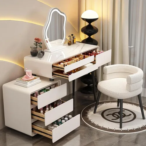 Vista 2 de Escritorio de tocador con luces, tocador de maquillaje con espejo, tocador con cajón grande, 3 modos de iluminación de brillo ajustable, juego