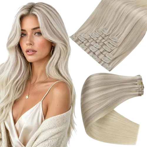 Vista 52 de Full Shine Extensiones de Cabello Rubio con Clip Reflejos Cabello Humano Extensiones con Clip Rubio Ceniza Mezcla Rubio Decolorado PU Extensiones