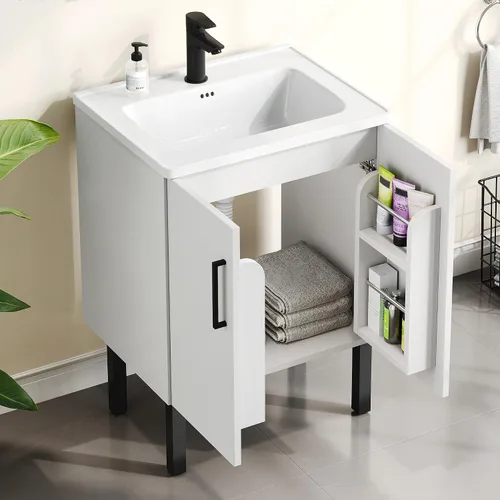 Vista 3 de DWVO Conjunto de tocador de baño de 24 pulgadas con fregadero empotrado, armario de almacenamiento de baño moderno incluido, ganchos para estantes