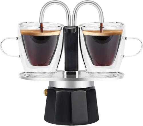 Vista 15 de Mini Express Swiss Single Tube Moka Pot Aluminio Marfil Blanco, El juego Moka incluye una taza de doble pared de 3 onzas, disfruta de un delicioso