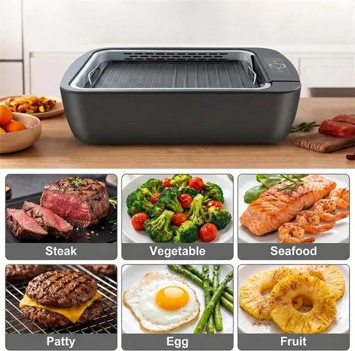 Vista 2 de Parrilla y plancha sin humo para interiores de 1100 W, control de humo de barbacoa coreana con control de temperatura de ventilador, placa