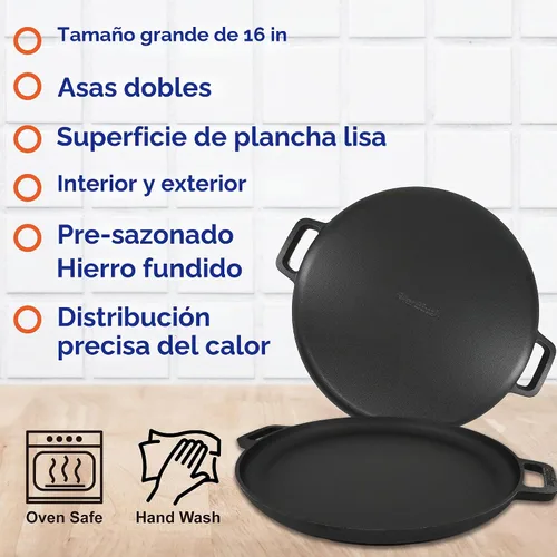 Vista 4 de Sartén de Pizza Redonda/Plancha de Hierro Fundido de 16 Pulgadas por StarBlue con Asas de Silicona GRATIS y Libro Electrónico de 30 Recetas – Comal