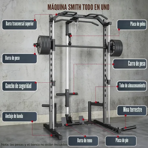 Vista 6 de OPPSDECOR All-in-One Adjustable Smith Machine with LAT-Pull Down System Multi-Function Power Cage for Home Gym Cable Crossover Squat Rack of