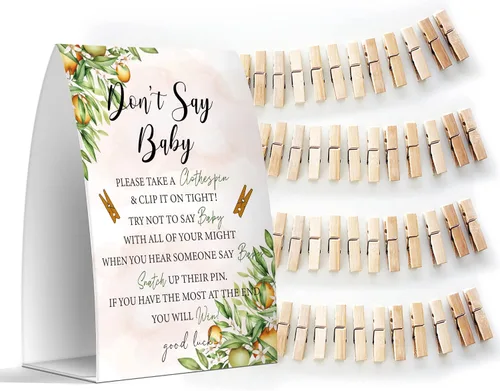 Vista 13 de Juego de texto en inglés "Don't Say Baby", un letrero de 5 x 7 pulgadas y 50 mini pinzas para la ropa, juegos de baby shower, decoración de baby