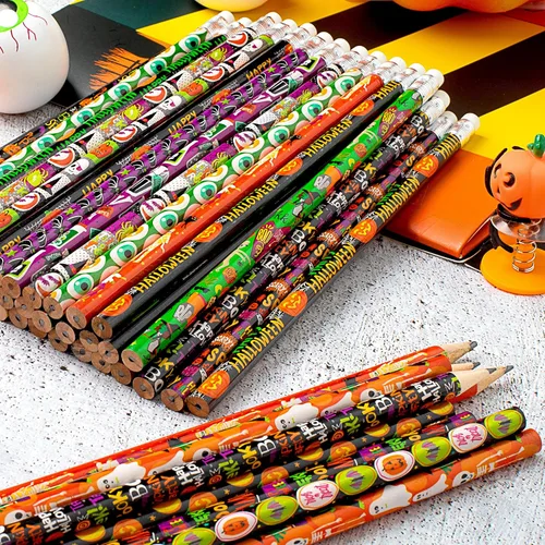 Vista 7 de JOYIN 48 lápices de Halloween a granel con borrador, surtido de lápices coloridos de otoño, juego de papelería con temática de Halloween de 12