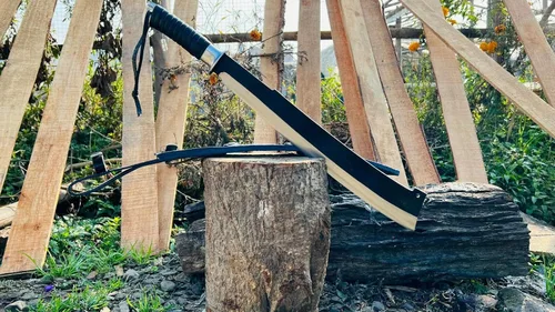 Vista 8 de Machete Jungle de 18 pulgadas, hoja de acero de alto carbono de espiga completa, agua de equilibrio templado con mango de palisandro y envoltura