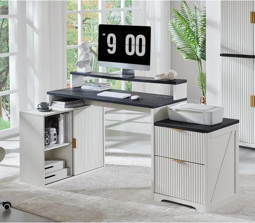 Vista 7 de JXQTLINGMU Escritorio ejecutivo moderno de 58 pulgadas con almacenamiento, escritorio de madera para oficina en casa con 5 cajones y 1 gabinete