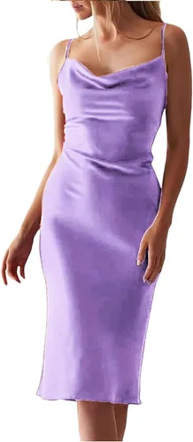 Vista 2 de xxxiticat - Vestido de satén sin mangas con tirantes delgados para mujer, para playa, noche, fiesta, de cuello esbozado, con lunares, de leopardo