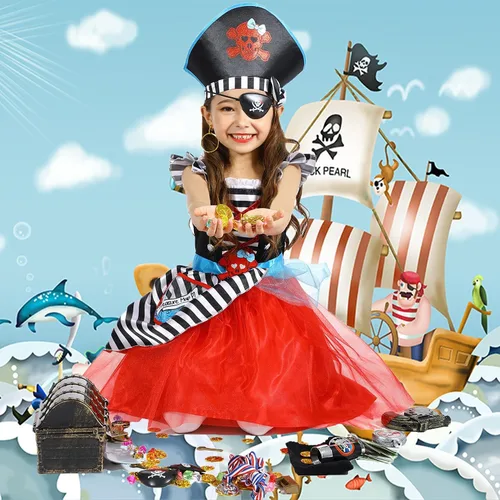 Vista 4 de Wizland Kids Pirate Costume Buccaneer Princess Costume Pirate Lass Costume Pirate Role Play Dress Up Set