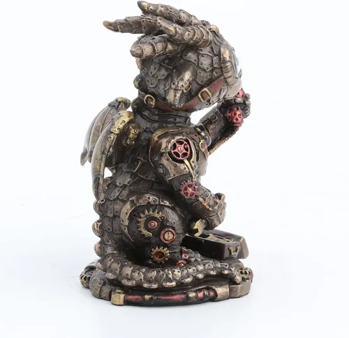 Vista 4 de Veronese Design Steampunk Dragon Tinkerer con gafas de engranaje mecánico Figura de resina acabado bronce