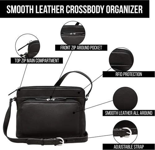 Vista 2 de ili New York - Leather Shoulder Handbag wSide Organizer - Soft, Smooth Leather Handbag wRFID Blocking Lining
