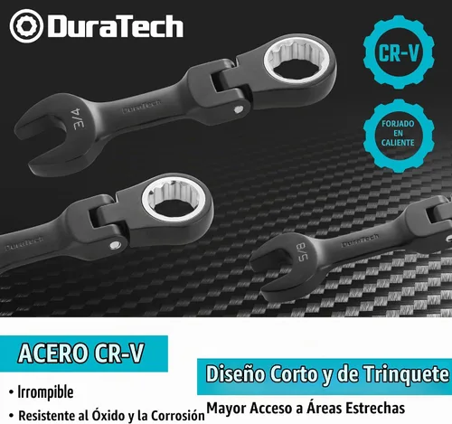Vista 5 de DURATECH Stubby - Juego de llaves combinadas de trinquete de cabeza flexible, SAE, 8 piezas, 5/16" a 3/4", acero CR-V, revestimiento electroforético