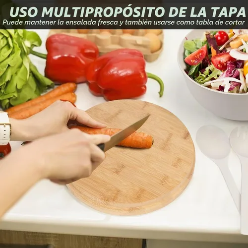 Vista 5 de ShineMe Juego de Ensaladera, Ensaladera Grande de 9.8 Pulgadas con Tapa, Ensaladera de Bambú con Juego de 4 Cuencos Pequeños para Snacks y Blanco
