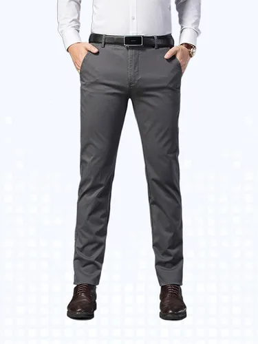 Vista 2 de Banana Bucket Pantalones de vestir ajustados para hombre, pantalones chinos elásticos de color caqui, pantalones casuales planos con bolsillos