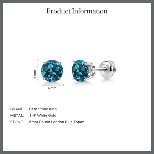 Vista 5 de Gem Stone King Aretes de tuerca de oro blanco de 14 quilates con piedra natal redonda de 0.236 in Aretes de oro blanco para mujer