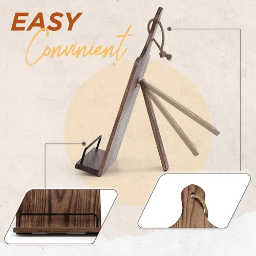 Vista 5 de FANATU Soporte para libro de cocina, de madera rústica, estilo tabla de cortar, soporte ajustable para libros de recetas para iPad y soporte