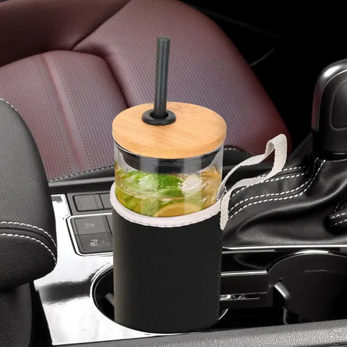 Vista 2 de Tronco Vaso de vidrio de 20 onzas con popote y tapa de bambú, fundas protectoras de nailon para botellas, elegante taza de batido, boca ancha