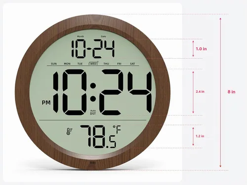Vista 3 de Reloj de pared digital con fecha, temperatura interior, DST automático, reloj digital a batería, reloj de pared pequeño de madera decorativo de 8