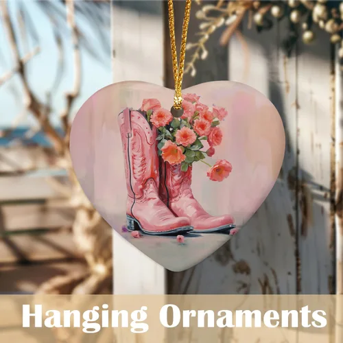 Vista 2 de Adorno rosa de vaquera occidental, adornos de corazón de vaquera occidental para decoración de fiesta de árbol de Navidad, botas de vaquero florales